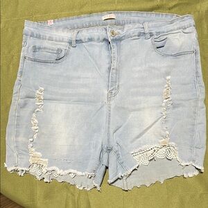Blue Distressed Jean Shorts with Frayed Hem